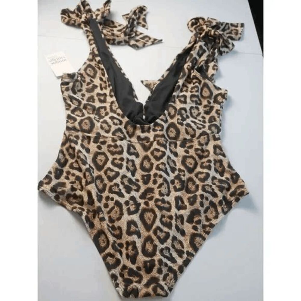 Unique Vintage Leopard Print Tie-Shoulder One-Piece Swimsuit in Tan and Black - Picture 2 of 4